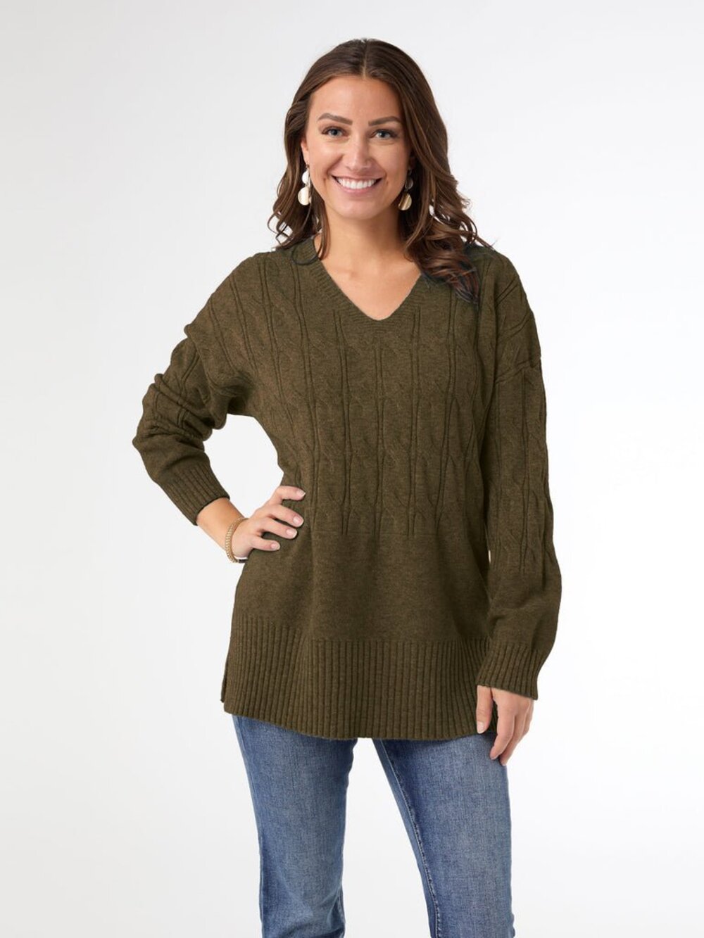 Coco + Carmen Heavenly Luxe V-Neck Cable Sweater with Rib Bottom -olive green